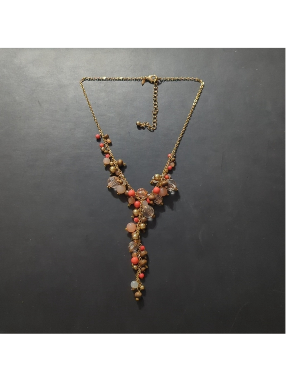 Vintage Avon Gold Tone Brown Peach Orange Y Shape Dangle Statement Necklace - Picture 1 of 5